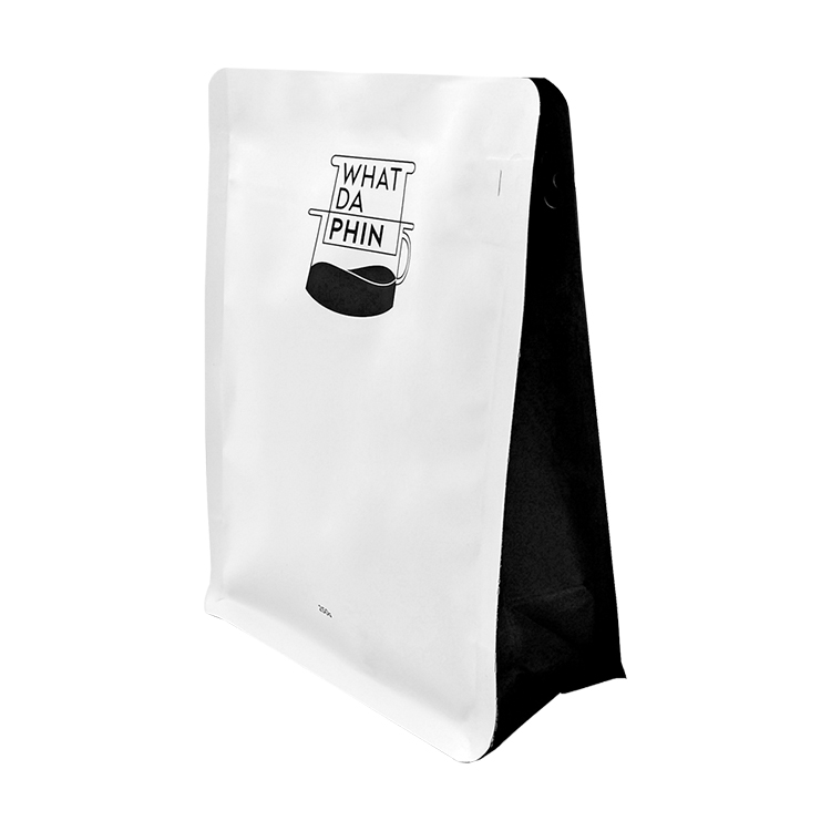 Custom Matte White Flat Bottom Coffee Pouch (8-Side Seal) with Pocket Zipper and Valve for 250g Specialty Beans