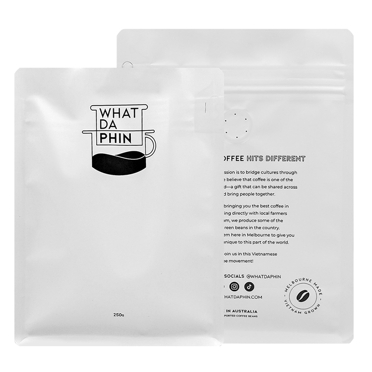 Custom Matte White Flat Bottom Coffee Pouch (8-Side Seal) with Pocket Zipper and Valve for 250g Specialty Beans Gallery 4