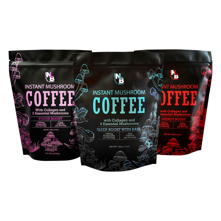 Custom Printed 100% Recyclable Stand-Up Pouch (Mono-PP) with Gold Foiling for 270g Instant Mushroom Coffee & Powders