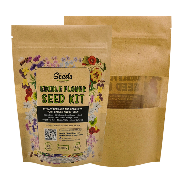 Custom Printed Brown Kraft Stand-Up Pouch with Full-Width Window for Garden Seed Kits & Organic Sprout Packaging