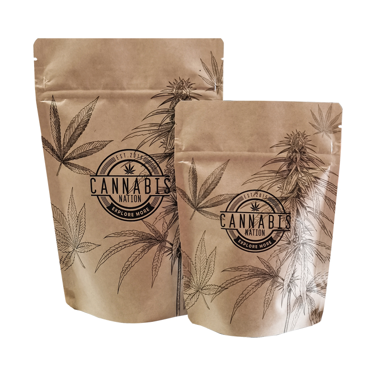 Custom Printed Kraft Paper Stand-Up Pouch (130 Micron) with Child-Resistant Zipper for Cannabis Flower & Pre-Rolls