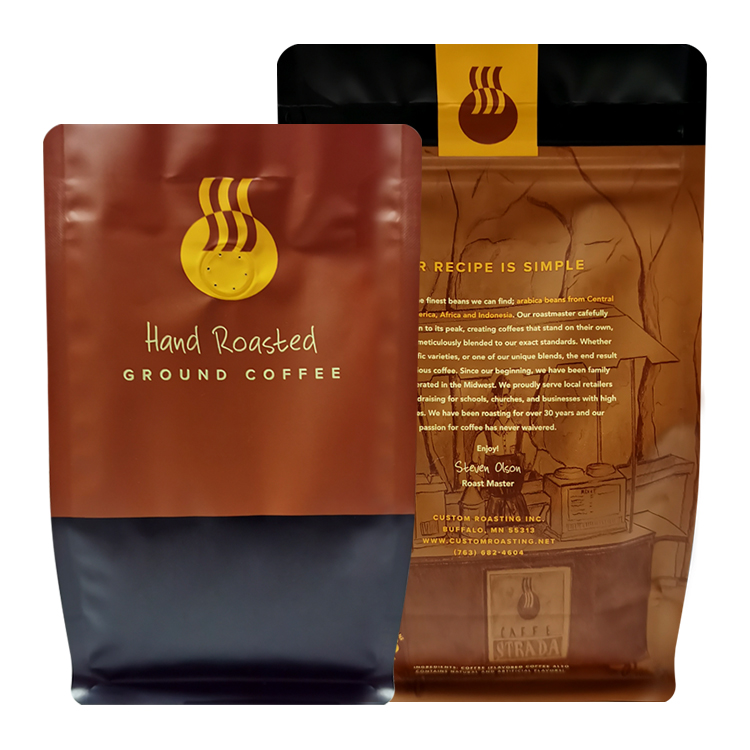 Custom Printed Matte Flat Bottom Coffee Pouch (13x22cm) with Valve & Pocket Zipper for 12oz Ground Coffee