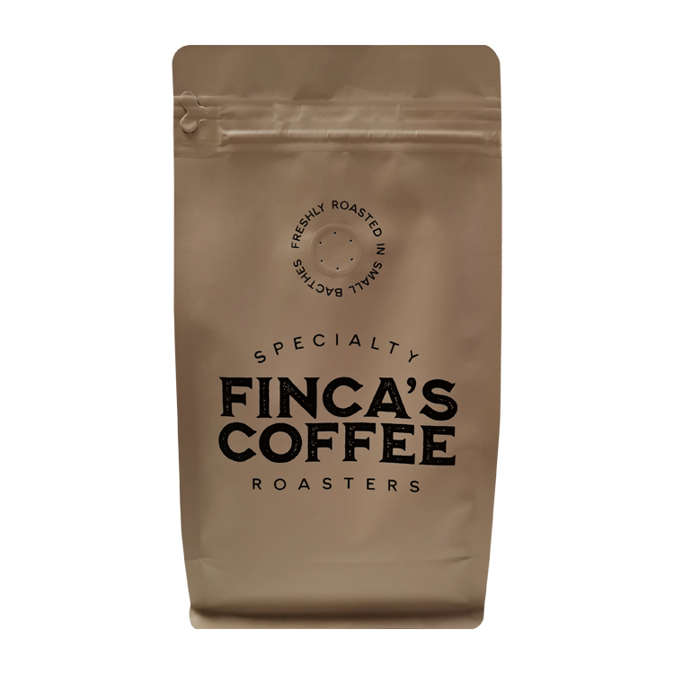 Custom Printed Matte Kraft Flat Bottom Coffee Pouch (8-Side Seal) with Pocket Zipper and Degassing Valve