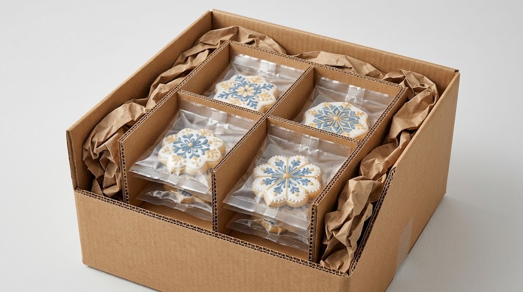 Four individually bagged decorated cookies in corrugated compartments with paper cushioning around the inner support inside an open shipping carton