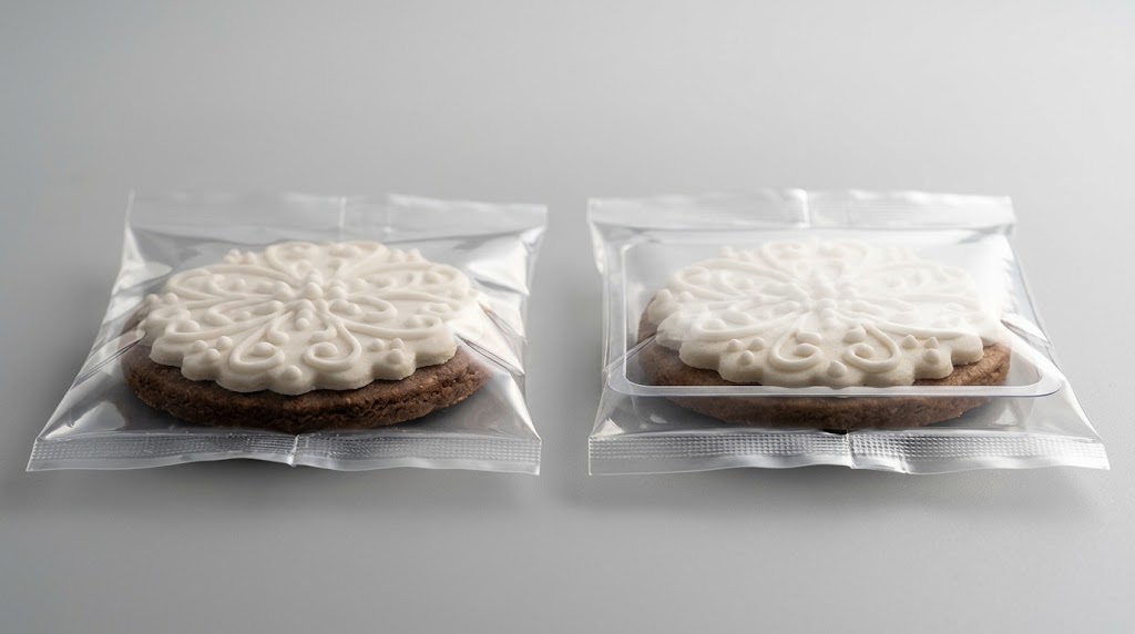 Side-by-side examples of clear pouches around iced cookies, one with film draping toward the icing and one with a shallow formed inner tray