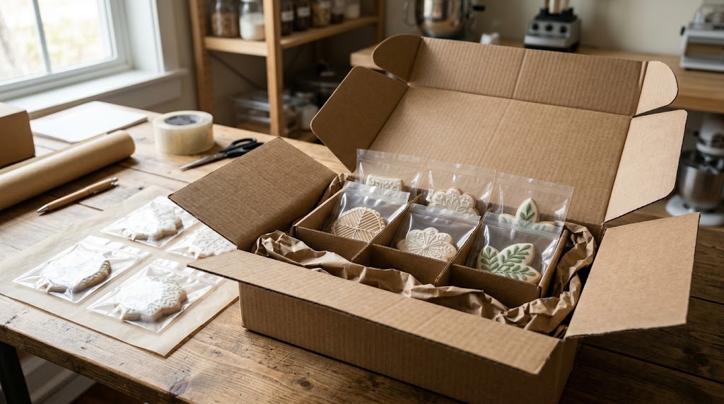 Individually bagged decorated sugar cookies in cardboard compartments inside an open shipping carton on a bakery packing table
