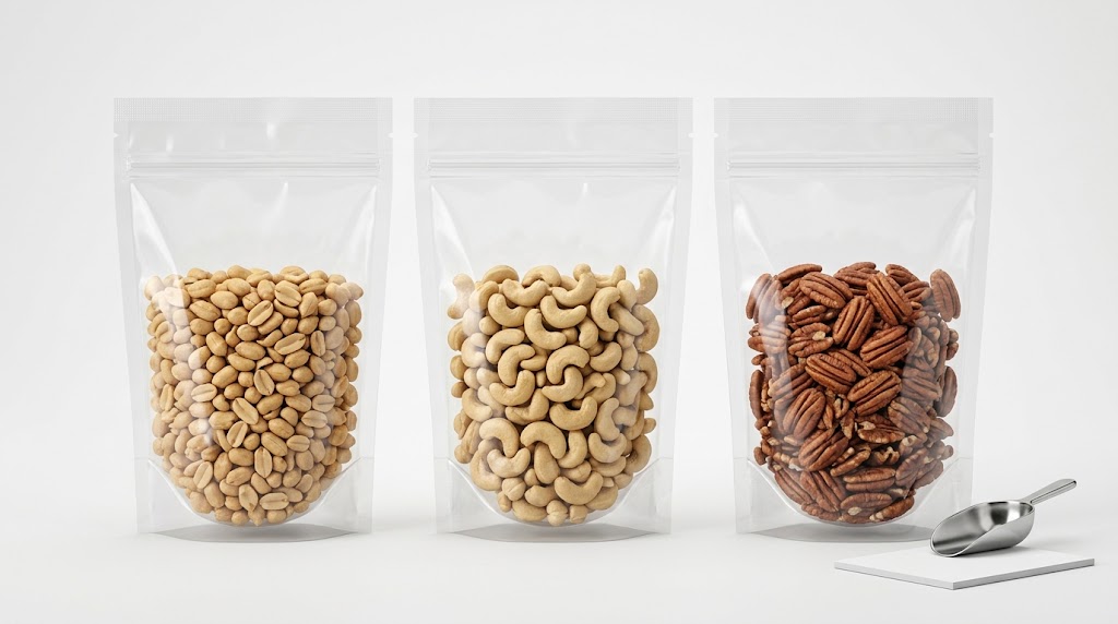 Illustrative side-by-side samples of equal-weight peanut, cashew and pecan fills in matching stand-up pouches with different occupied heights.