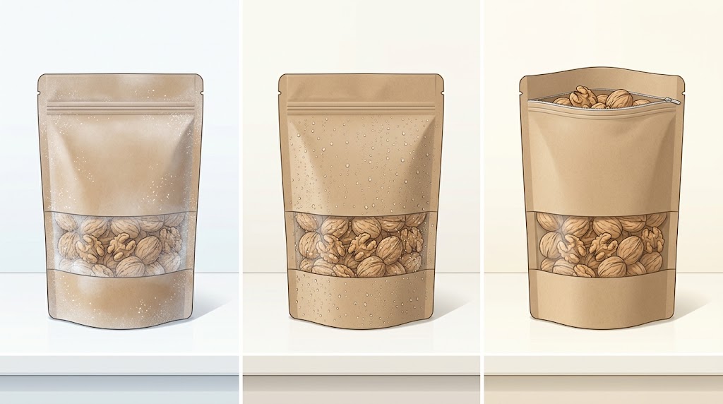 Three-panel illustration of a cold sealed nut pouch, a still-closed pouch with droplets on its outside, and a dry opened pouch showing nuts.