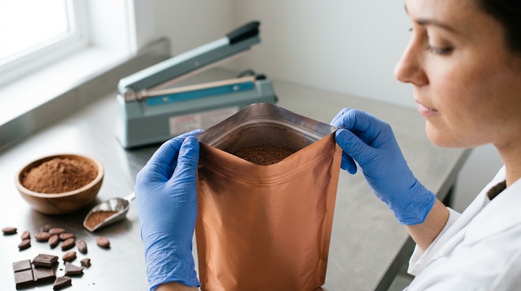 Gloved operator holds the open mouth of a copper-colored cocoa powder pouch, with a bench sealer behind and cocoa on the worktable
