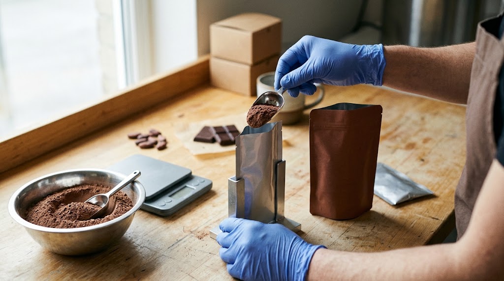 Gloved hands scoop cocoa drink mix into a silver sachet held in a fixture, with a brown stand-up pouch, bowl and scale nearby