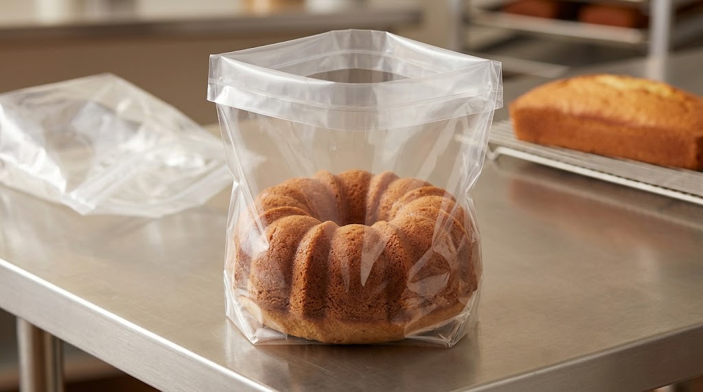 Illustrative plain Bundt cake inside an open clear flexible food bag on a bakery worktable.