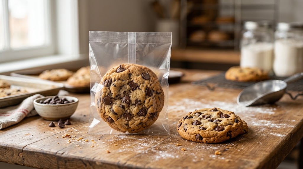 One chocolate-chip cookie in a clear sealed flexible bag beside an unpackaged cookie on a bakery worktable
