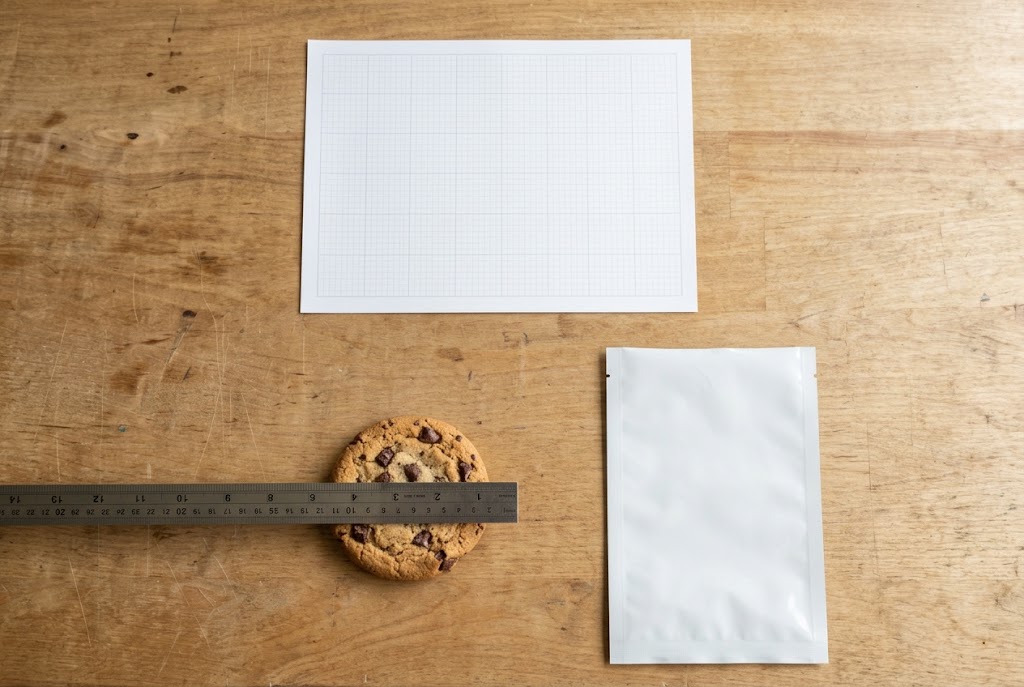A round cookie under a metal ruler beside a white pouch sample and grid paper on a worktable