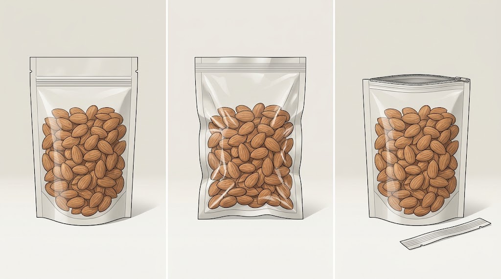 Three illustrative nut pouches: a conventional sealed pouch, one with film drawn around the nuts, and an opened zipper pouch beside its removed top strip.
