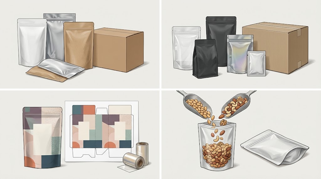 Illustrative sourcing-route comparison of stock pouches, a distributor, a custom pouch factory and a co-packer for empty nut bags.