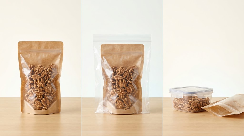 Three-panel illustration of a closed nut pouch, a closed pouch inside a clear outer bag, and nuts in a lidded container beside an emptied pouch.
