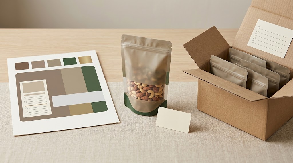 Illustrative nut-packaging approval board linking a filled pouch, artwork version, nut lot and shipping carton.