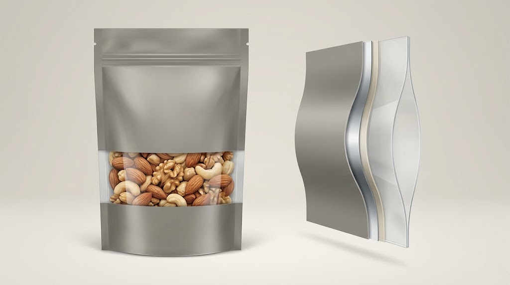 Illustrative opaque nut pouch with a clear horizontal window beside separate reflective and transparent material samples.