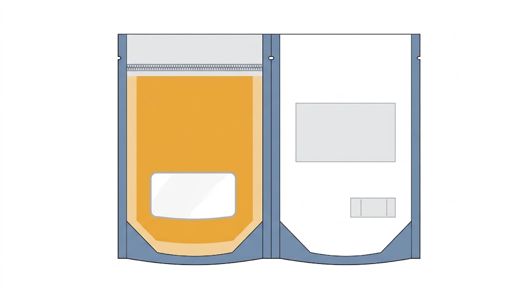 Illustrative two-panel nut-pouch layout with an amber print area and clear window on the left, blank gray back-panel blocks on the right, blue margins and a horizontal zipper marking.