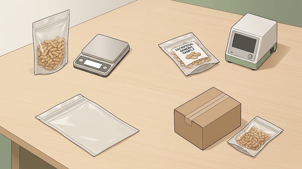 Illustrated tabletop with a sealed peanut pouch, blank-display scale, sacrificial sample pouch beside a generic analyzer, flat seal sample and carton.