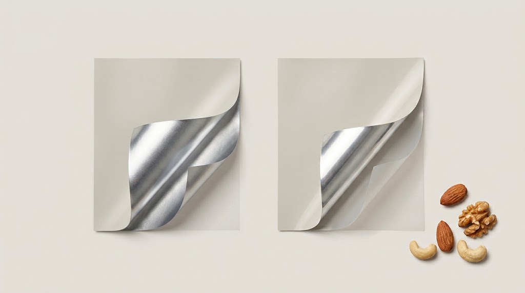 Illustrative side-by-side material swatches contrasting a separate reflective foil ply with metallized film on a support web.