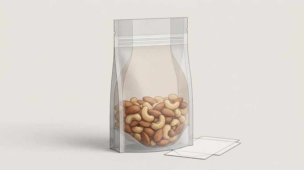 Illustrative cutaway of a nut stand-up pouch showing outer size, usable food cavity, gusset and clean top closure space.