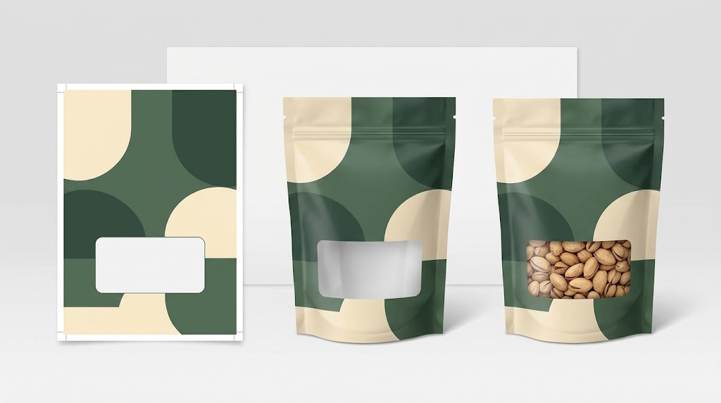 Illustrative progression from flat green-and-cream artwork with a blank window to an empty converted pouch and then a filled pouch showing almonds through the window.