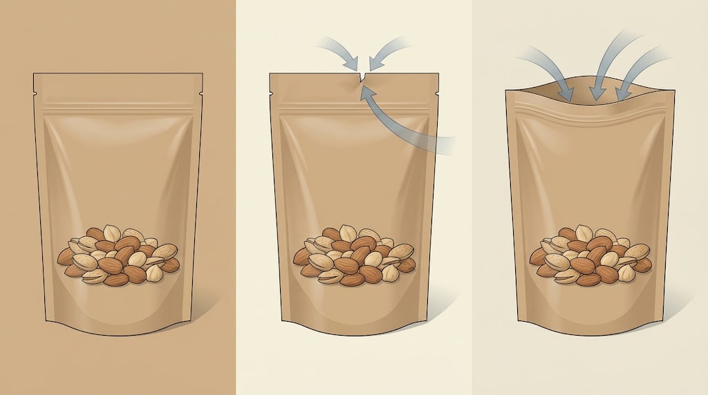 Three-panel illustration of a sealed nut pouch, a pouch with a small top-seal defect and an open pouch, with arrows aimed at the defect and opening.
