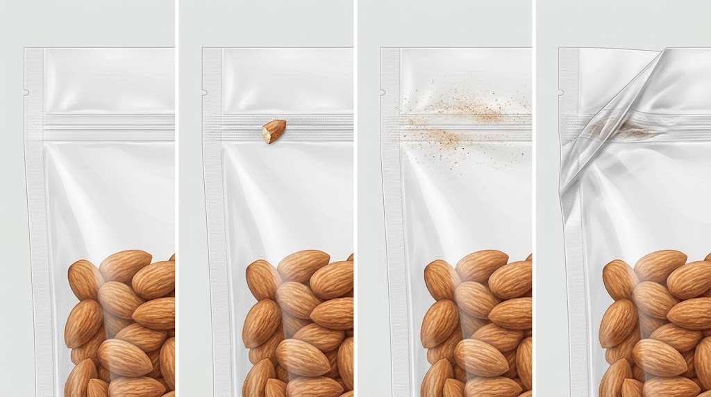 Four illustrative nut-pouch upper areas showing a clean band, a visible nut fragment, scattered seasoning particles, and a folded corner.