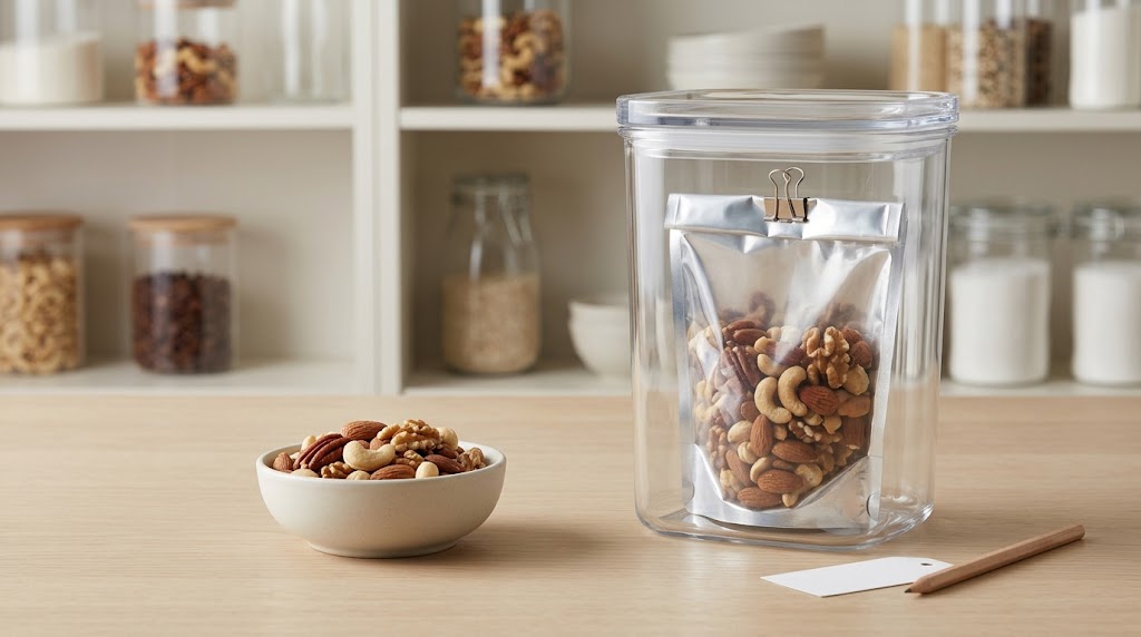 Illustrative after-opening setup with a small bowl of nuts, a clipped pouch of remaining nuts inside a clear lidded container, and a blank tag with pencil.