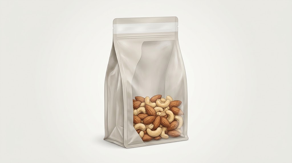 Illustrative cross-section of a filled dry-nut pouch showing settled product below a clean top heat-seal region.