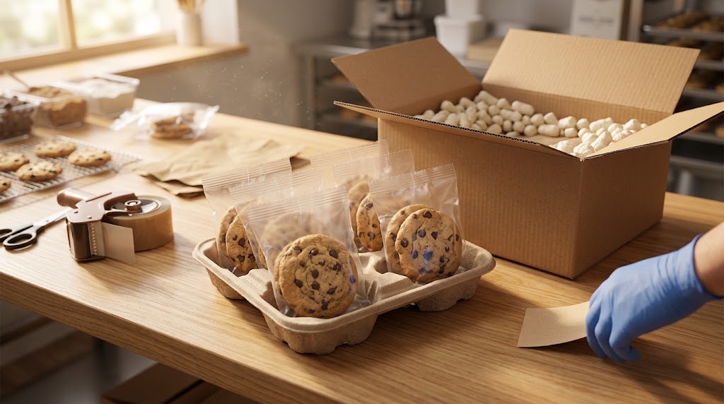 Individually sealed cookie bags in a molded support beside an open corrugated shipping carton on a bakery packing table