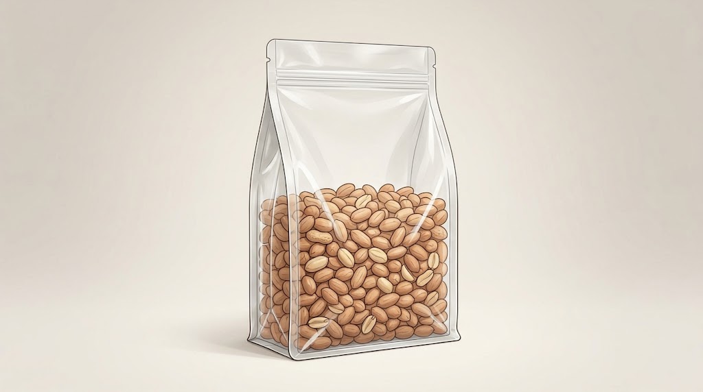 Illustrative clear stand-up pouch with shelled peanuts in its expanded bottom gusset and a visible space below the closed top edge.