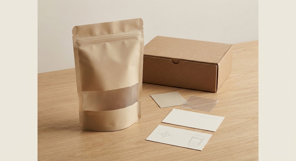 Illustrative unbranded stand-up pouch with zipper and clear window beside a separate plain carton, material swatches and review cards.