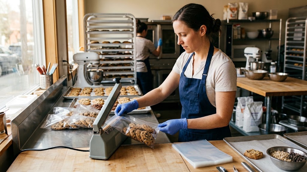 Bakery operator preparing a clear bag of cookies beside a tabletop impulse heat sealer