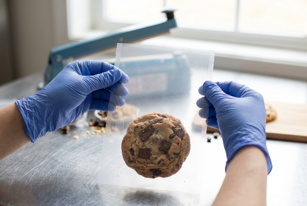 Gloved hands holding a clear open-top flat pouch with one cookie below an unsealed clean film area