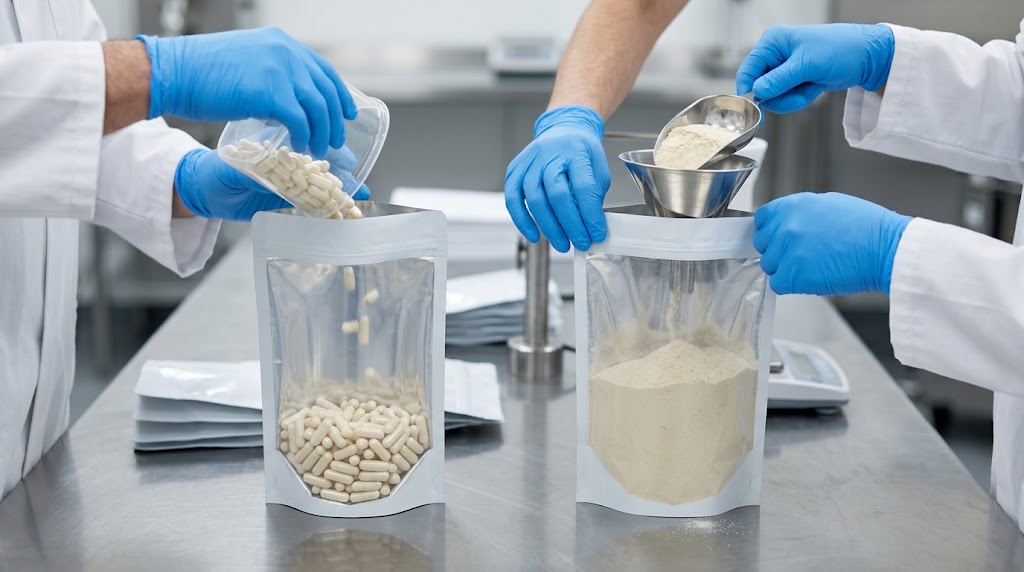 Illustrative photograph of separate capsule and powder fill trials in unbranded stand-up pouches