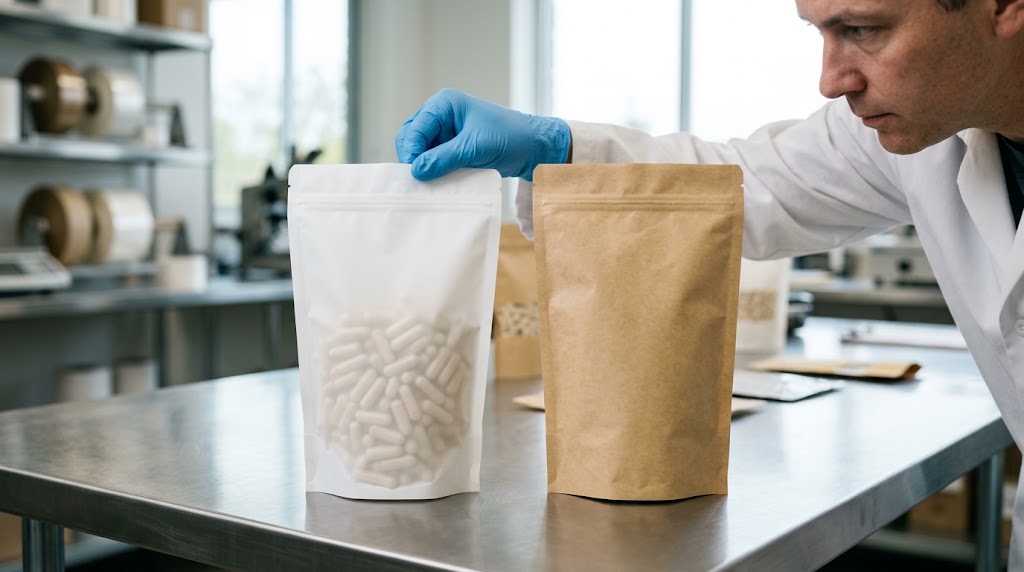 Illustrative photograph of two differently finished supplement pouches being compared at a review bench