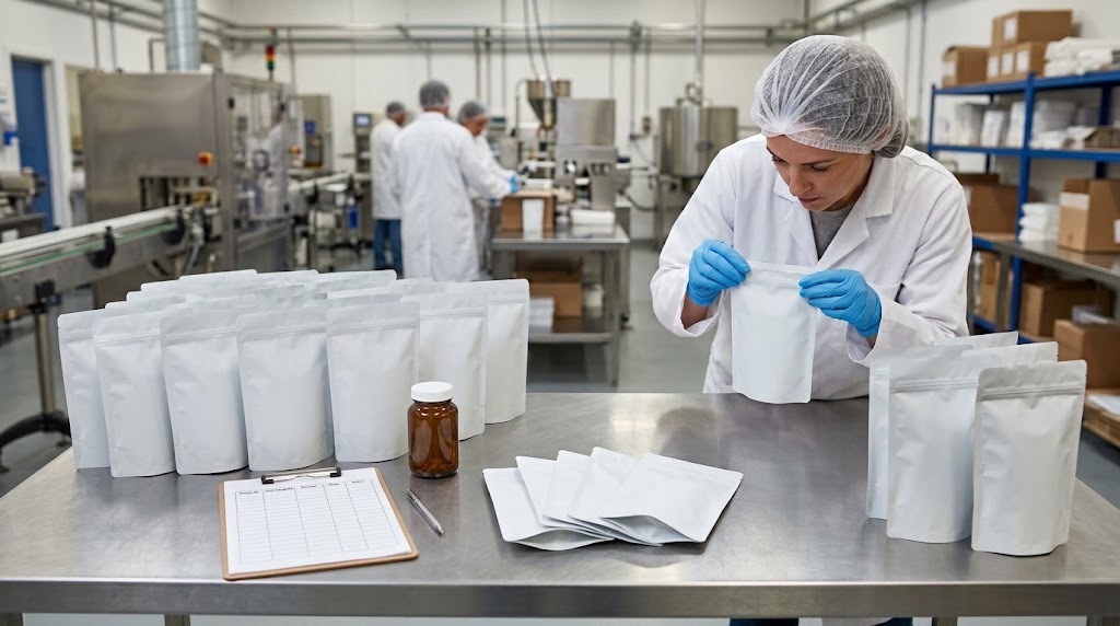 Illustrative photograph of separated supplement pouch groups while a worker inspects a top seal