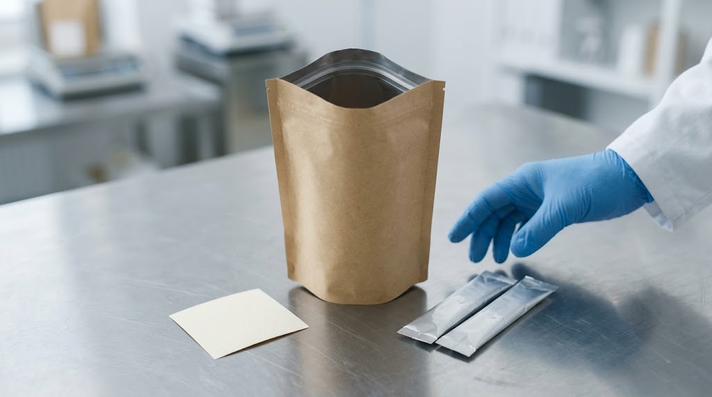 Illustrative photograph of an opened supplement pouch with its zipper, a separate label and two wrapped stick packs