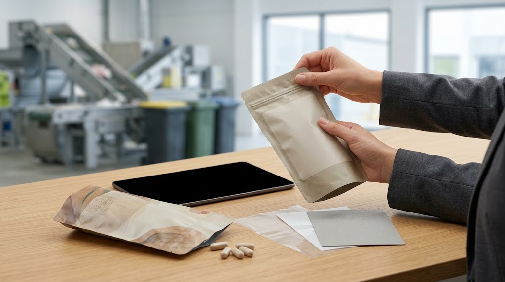 Illustrative photograph of a reviewer examining an unbranded supplement pouch and material samples at a desk