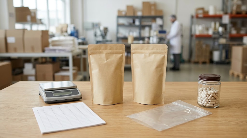Illustrative photograph of two supplement pouches, an optional clear sleeve, a scale and blank tally sheet