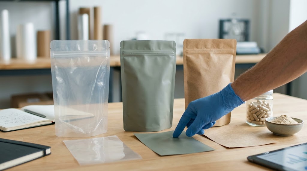Illustrative photograph of three unbranded supplement pouch finishes and plain material swatches on a review table