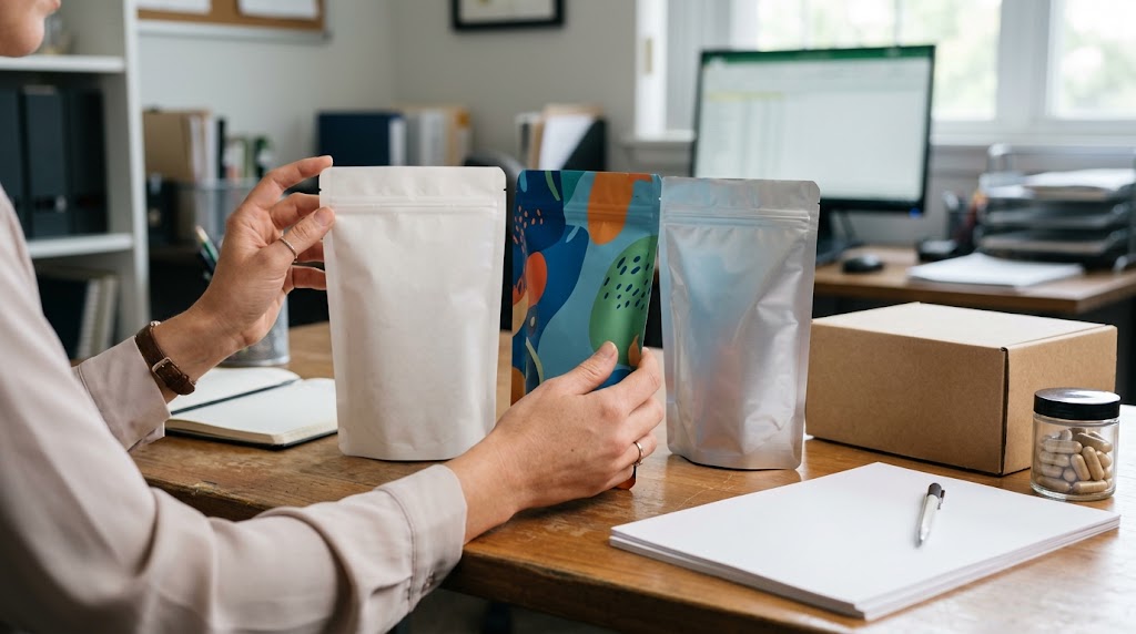 Illustrative purchasing photograph of unbranded supplement pouch samples compared on a buyer's desk