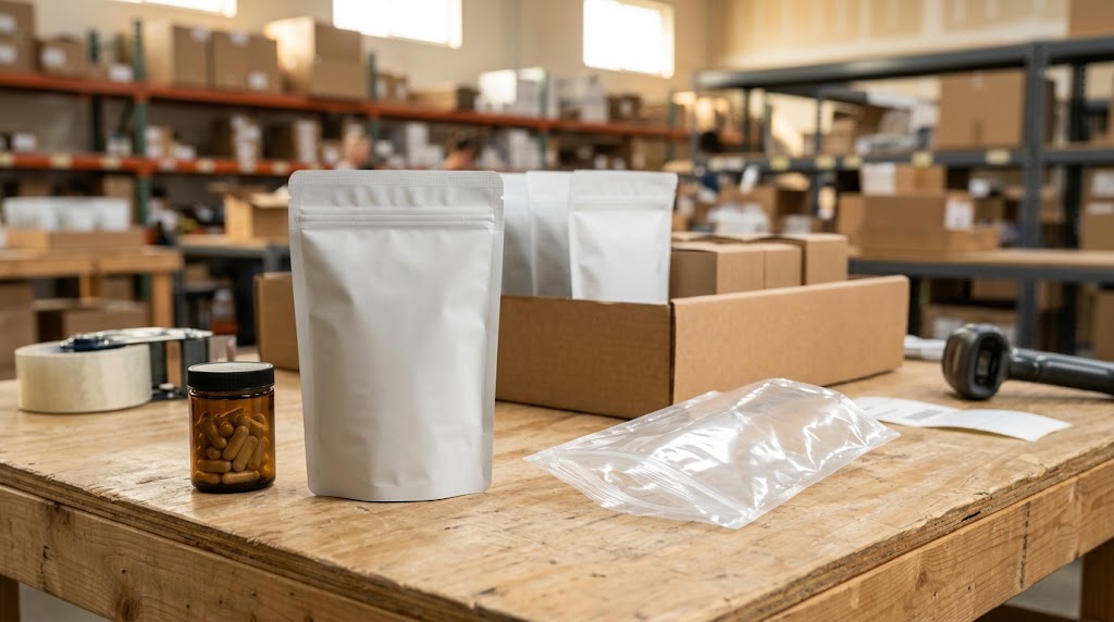 Illustrative photograph of a sealed supplement retail pouch beside a separate empty clear preparation bag