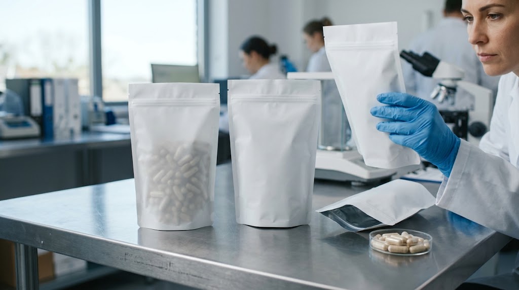 Illustrative photograph of a reviewer examining unbranded filled supplement pouch samples