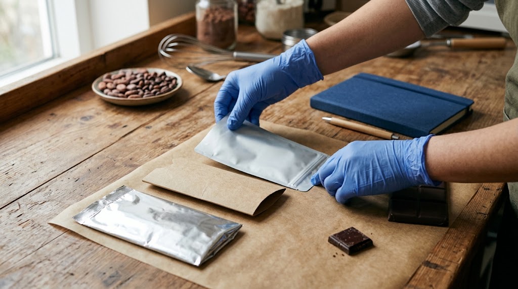 Blue-gloved hands compare silver flexible packaging samples and a brown paper sleeve beside chocolate on parchment