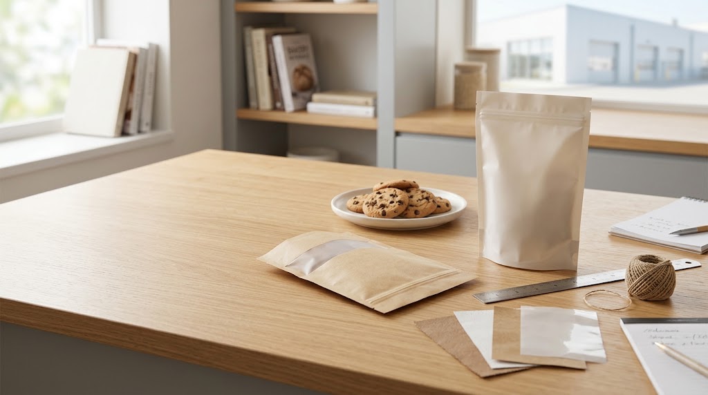 Empty flat and stand-up cookie-bag samples beside a plate of cookies on a bakery worktable