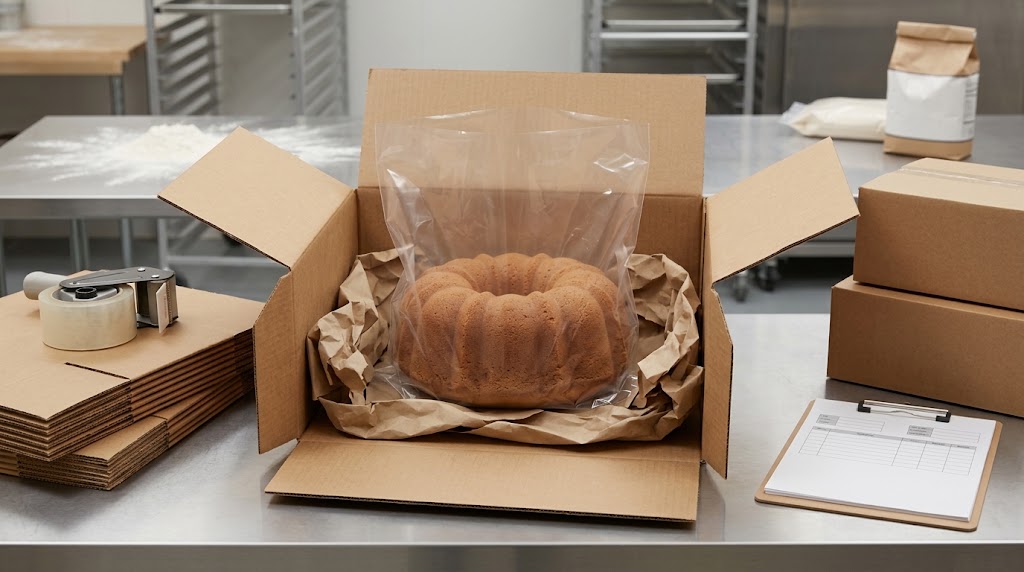 Illustrative bagged Bundt in an open shipping carton with separate crumpled-paper cushioning
