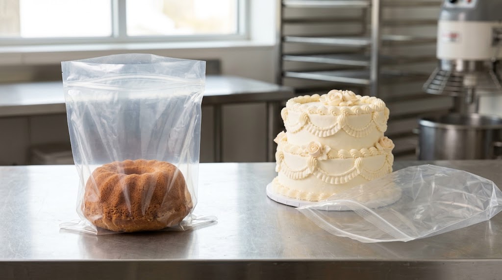 Illustrative plain Bundt in a loose clear bag beside a tall frosted cake left outside the bag